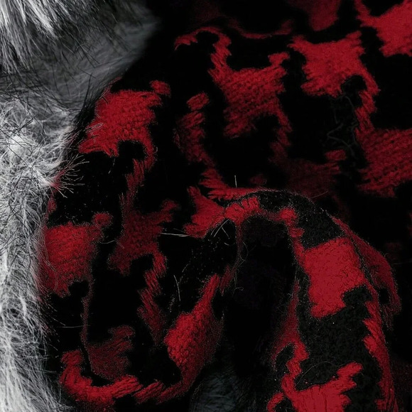 Red Casual Women's Front Tie Long Sleeve Faux Fur Houndstooth Woolen Jacket - Picture 4 of 5